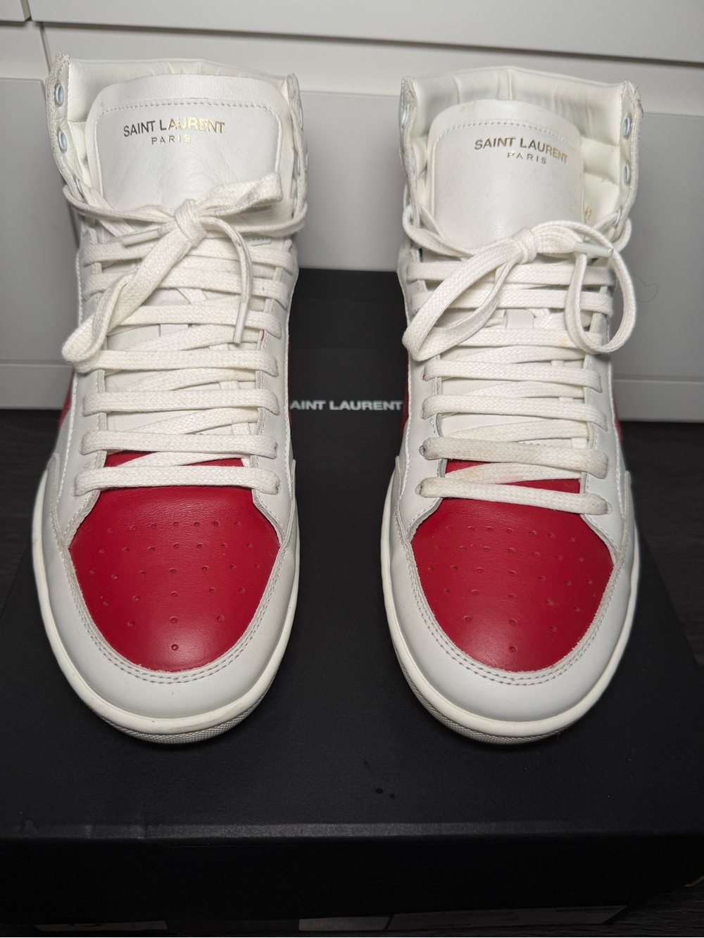 Saint Laurent Men's High-Top Sneakers in White and Red,AUTHENTIC